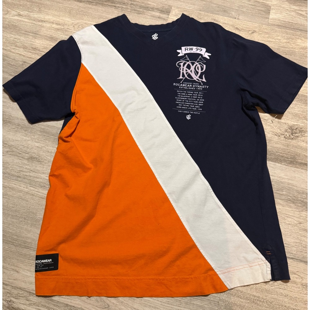 Rocawear Classic RW 99 Graphic T Shirt Mens XL Navy Orange‎ White V Neck